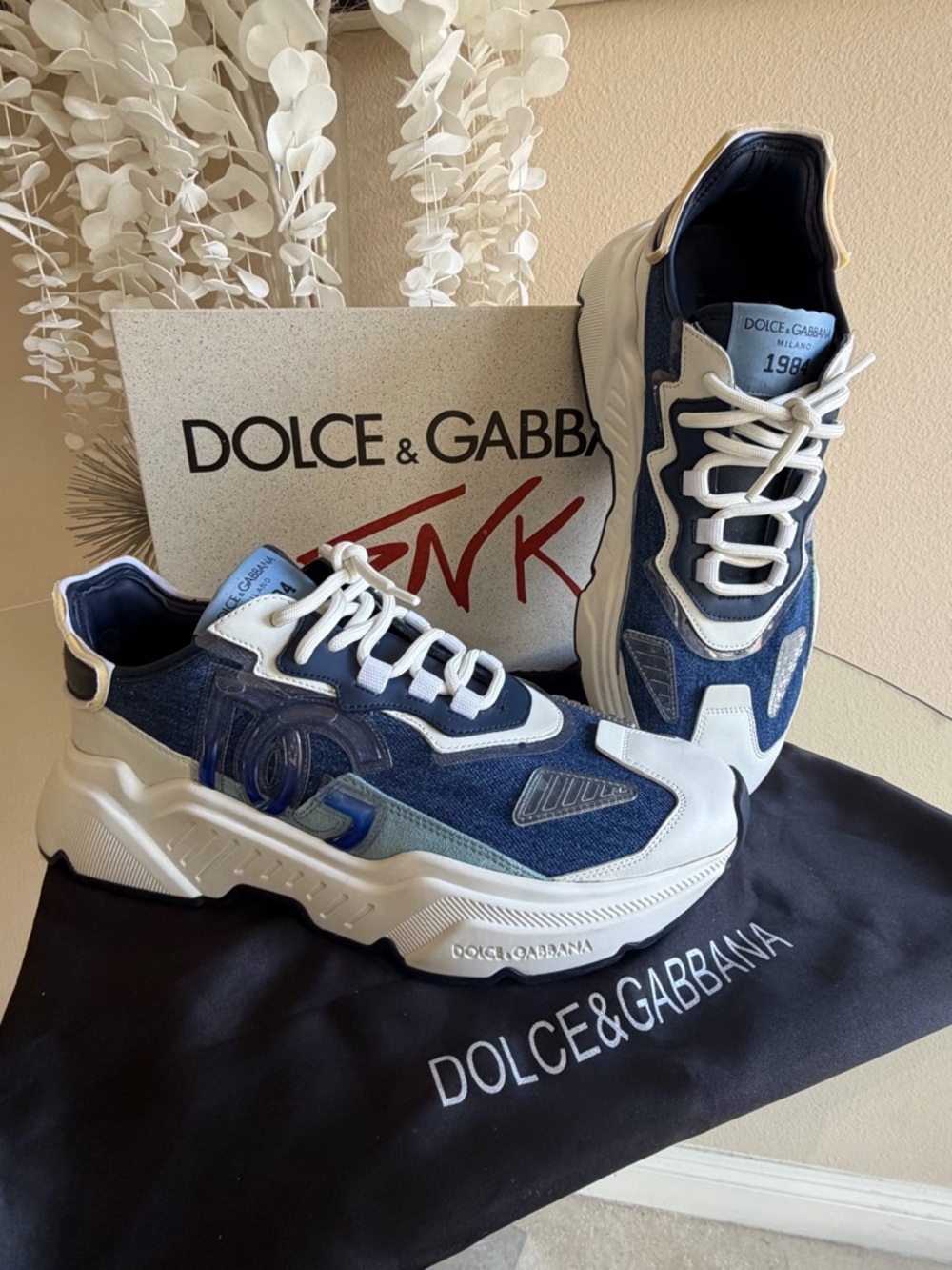 Authentic Dolce & Gabbana Navy Blue and White Daymaster Denim DG Logo Sneakers